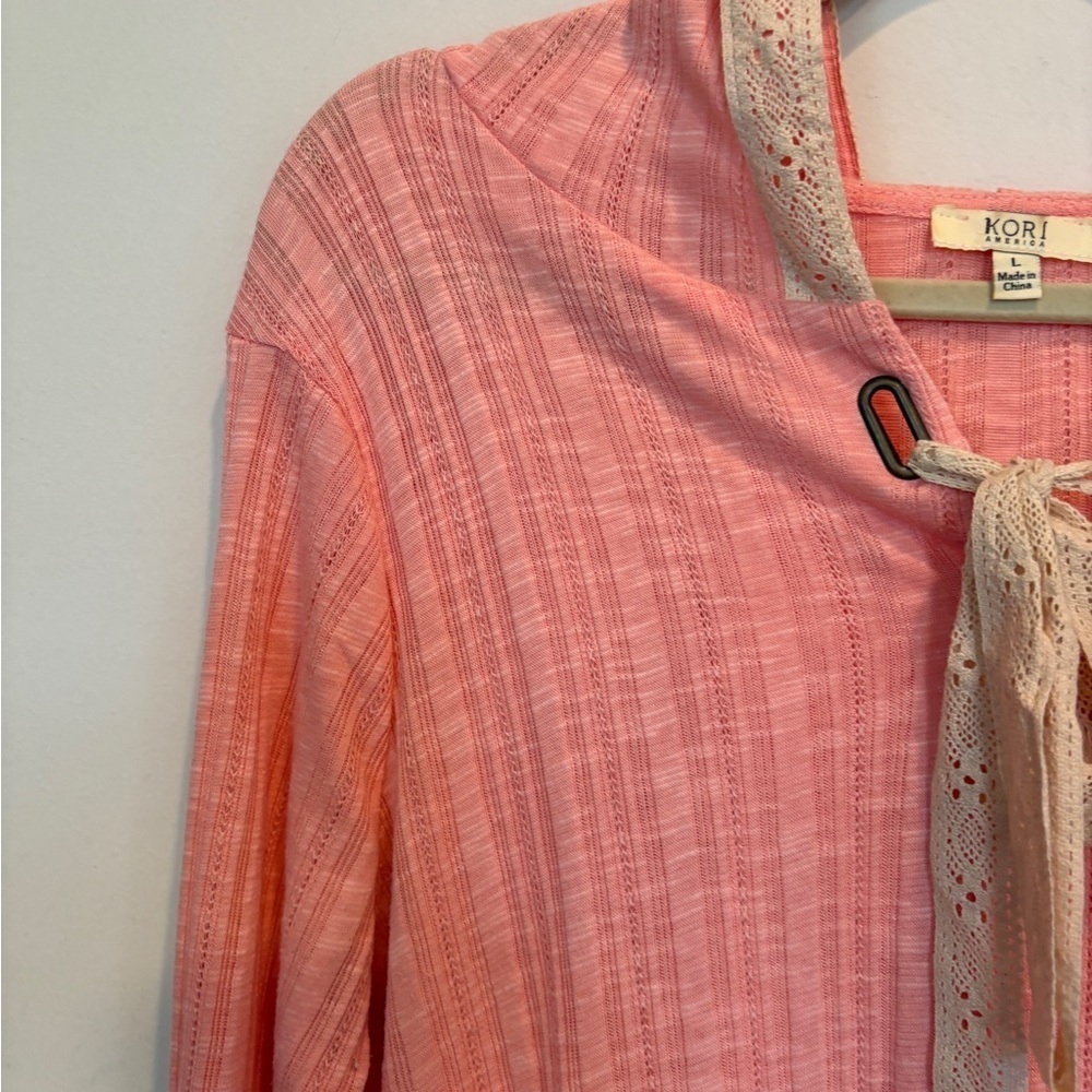 NWOT Kori America Peach Lace Coastal Cottagecore Hooded Asymmetrical Top - Picture 5 of 14